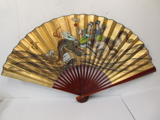 lot 35 image: LARGE Hand Painted Chinese Wall Hanging Fan
