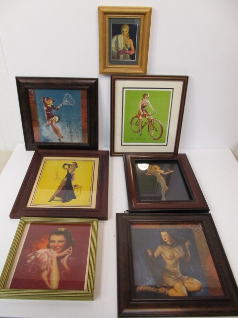 lot 57 image: Group of 7 Vintage Framed Smaller Pinup Prints