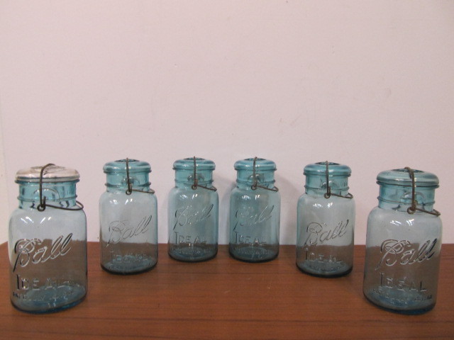 lot 91 image: Set of 6 Antique Blue Bale Top Canning Jars