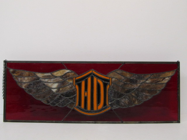 lot 151 image: Very Cool HARLEY DAVIDSON Stained Glass Wall Hanging Window