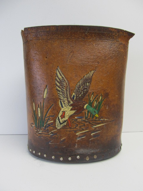 lot 110 image: Vintage Hand Painted Leather Duck Basket