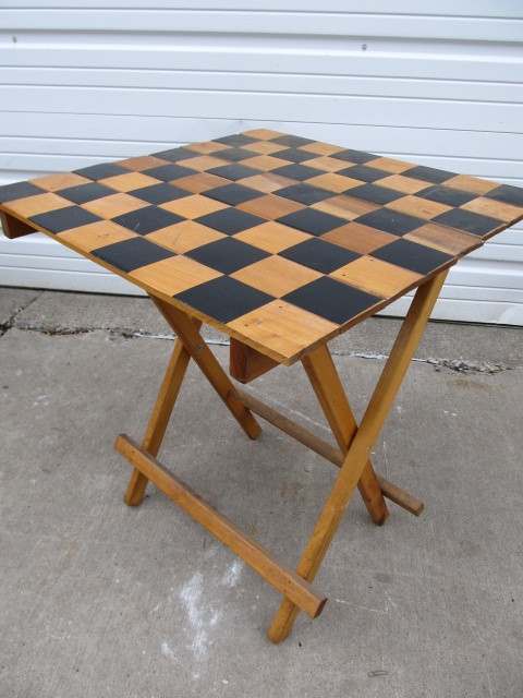 lot 49 image: Vintage Folding Wooden ChessCheckers Table