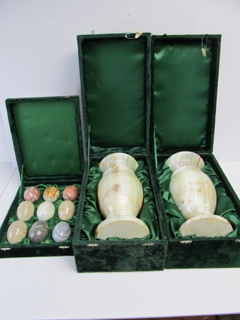 lot 139 image: Pair of Large Vintage Solid Onyx Vases wMulti Colored Onyx Eggs