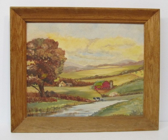 lot 210 image: Signed Vintage Oil on Canvas Farm Landscape Painting