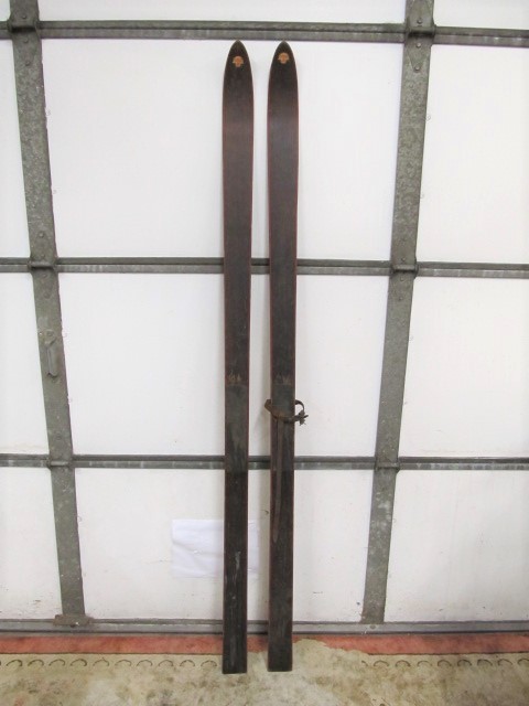 lot 226 image: Nice Pair of Antique LUND Leather Strap Wooden Snow Skis