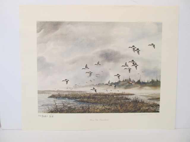 lot 228 image: Vintage Signed Numbered DAVID HAGERBAUMER Wildlife Print Minus Tide - Canvasbacks