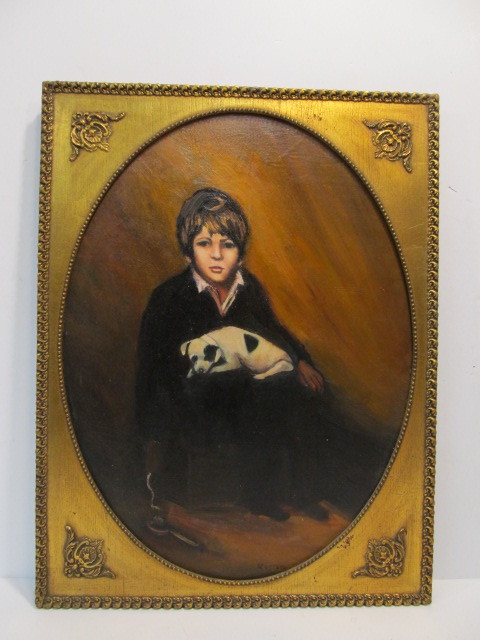 lot 248 image: Portrait of A Child and His Dog Original Oil on Canvas Signed
