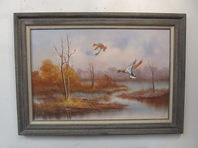 lot 176 image: Large Vintage Framed Mallards in Flight Oil on Canvas Painting
