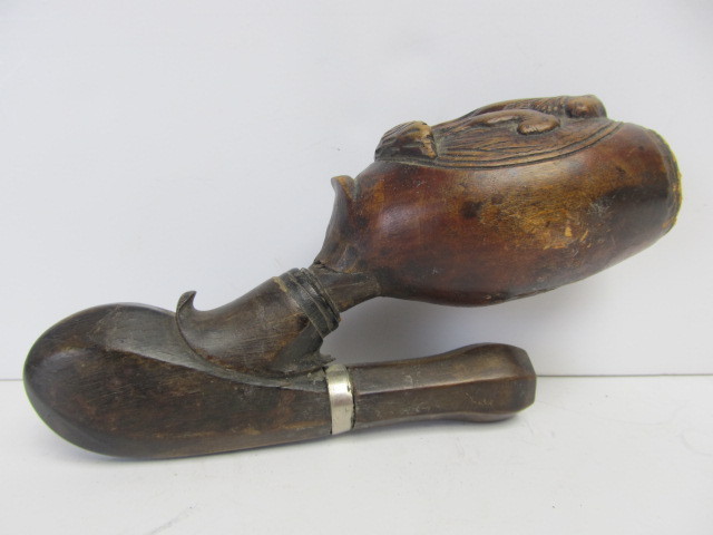 lot 255 image: Early Antique Carved Wood Smoking Pipe wSheep