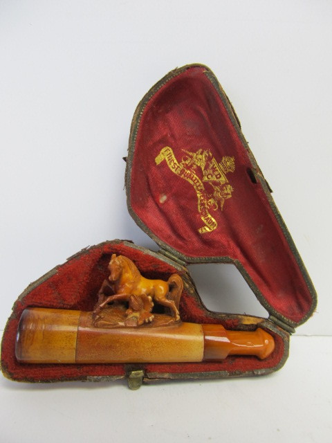 lot 259 image: Antique Figural Carved Meerschaum Horse Pipe wCase