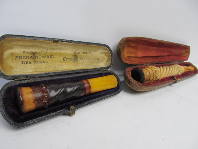 lot 260 image: 2 Antique Carved Meerschaum Pipes wOriginal Cases
