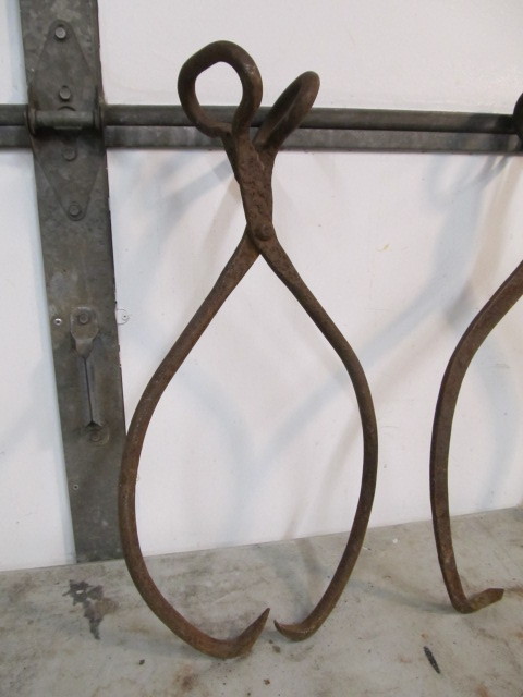 lot 300 image: 4 Antique Cast Iron Sets of Industrial Ice etc Tongs