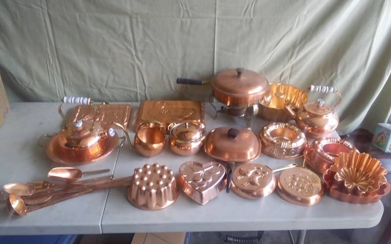 lot 9 image: Lot Of Copper Kitchen Wares - Molds, Pots & Pans, Utensils