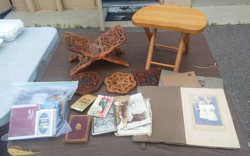 lot 28 image: Wood Folding Stool, Religious Items, Portraits, Old Playing Cards