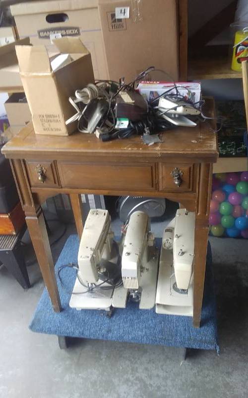 lot 11 image: Lot Of Assorted Portable Sewing Machines, Cabinet & Accessories