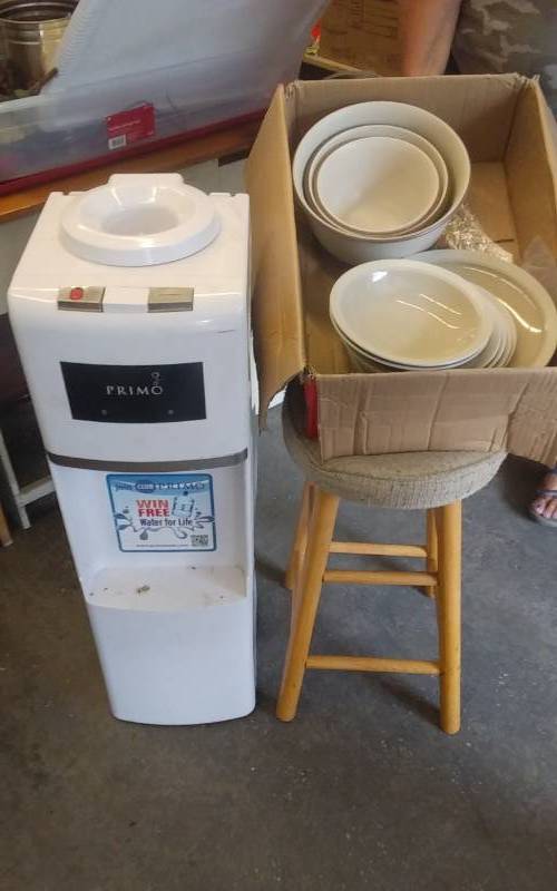lot 31 image: Water CoolerHeater, Stool, Mikasa & Home Brand Stoneware Dishes