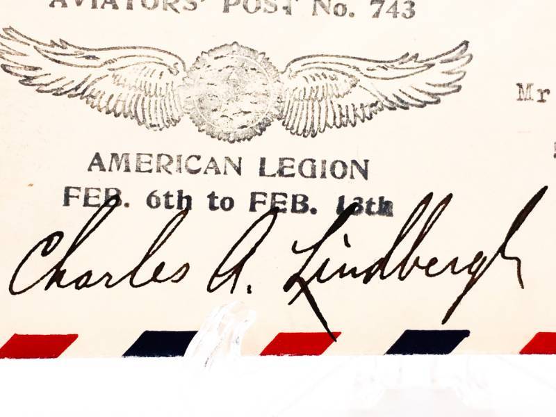 lot 311 image: Charles Lindbergh Signed New York Aviation American Legion Air Mail Envelope