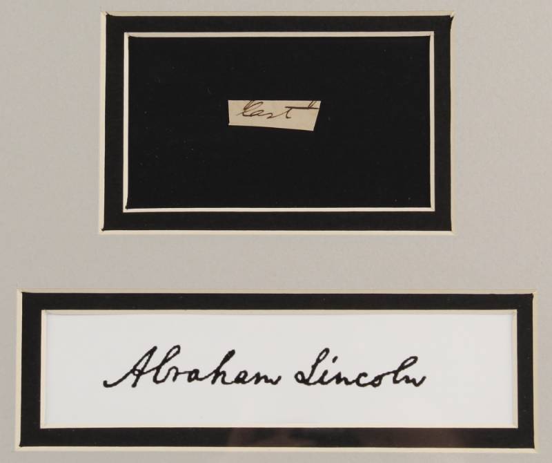lot 303 image: President Abraham Lincoln Custom Framed Cut Display with a Hand-Written Word from Letter (JSA LOA Certification)