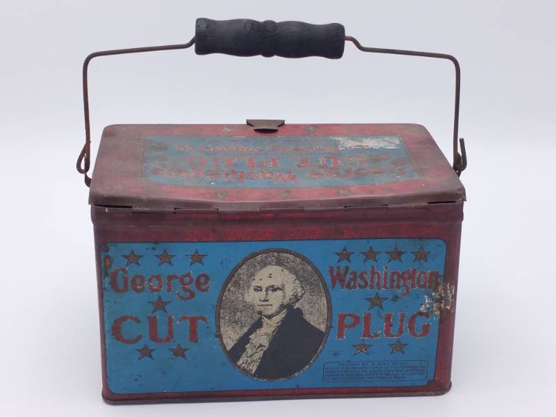 lot 310A image: Antique George Washington Cut Plug Tobacco Tin with Wooden Handle