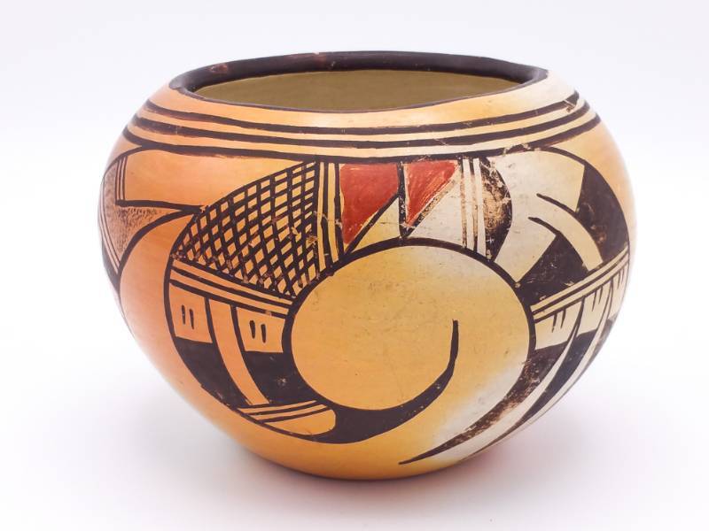 lot 231 image: Old Hopi Polychrome Native American Pottery Thunderbird & Rain Clouds