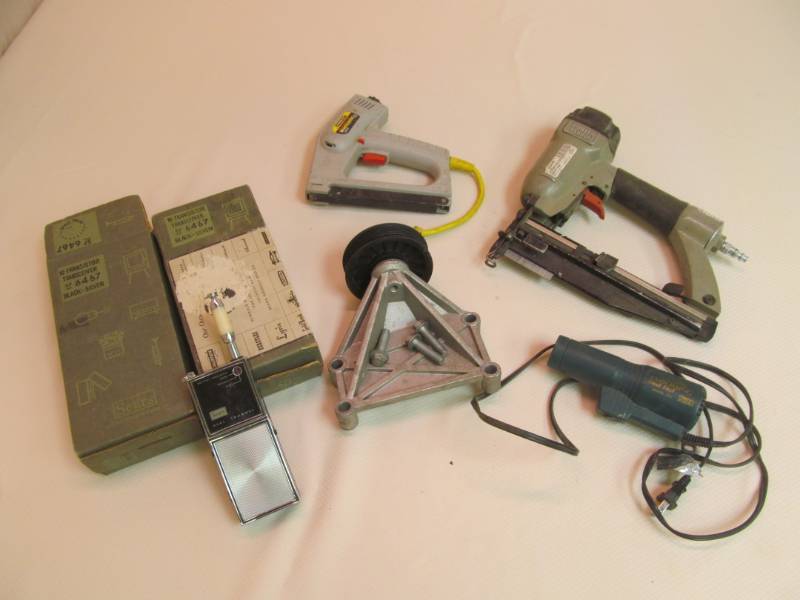 lot 174 image: Sears transistor receivers, staple gun, belt pulley, and more