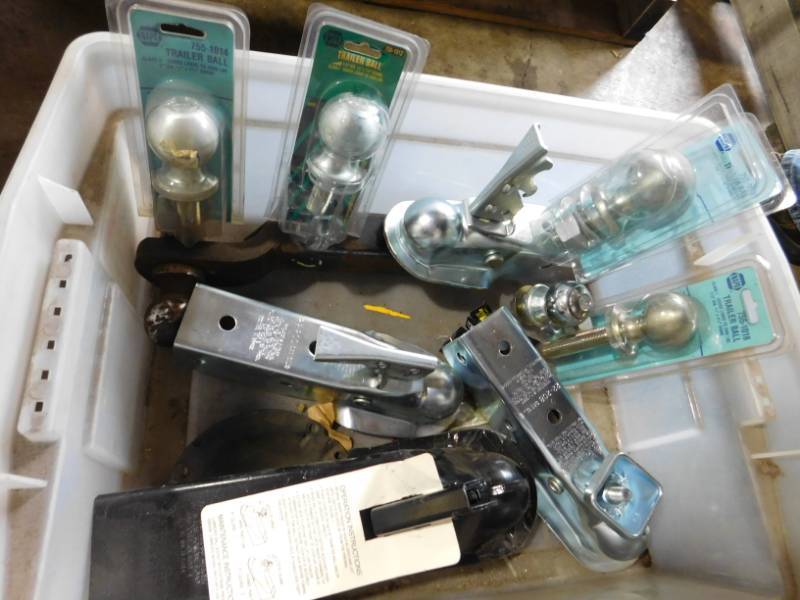 lot 79 image: Box of Electric Trailer Plugs, Hitches & Balls & More
