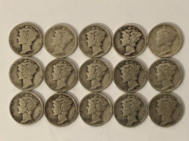 lot 80 image: 15 Mercury Dimes 1923-1945 Various Mint Marks Excellent Lot