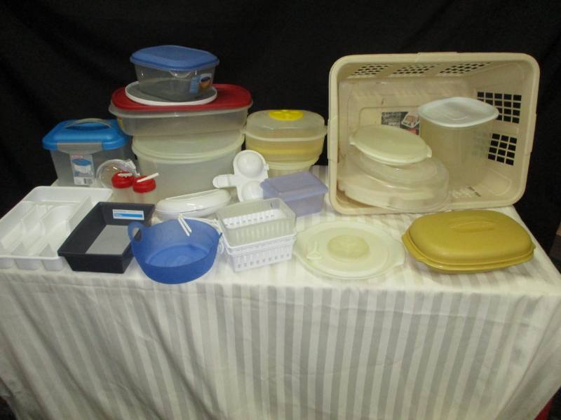 Assortment of Tupperware, Basket, Silverware Sorter