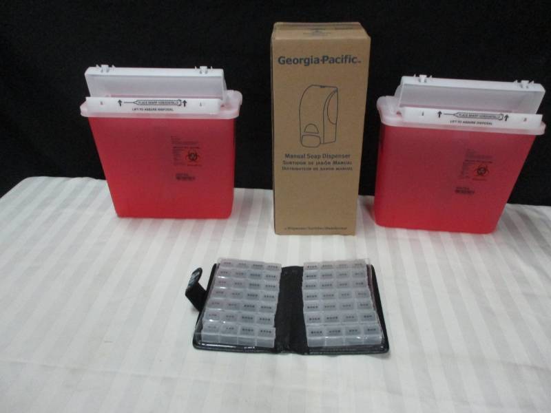 lot 47 image: 2 Medical Waste Needle Containers and Georgia Pacific Soap Dispenser, New in box and New Pill Organizer