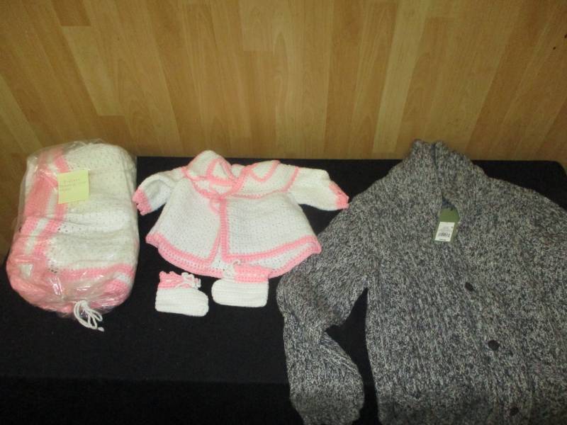 lot 108 image: Size Large Sweater, 3 piece knitted Afghan (blanket, sweater, little booties)