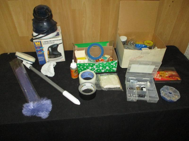 lot 186 image: Assortmnet of tapes, screws, waxer polisher, stapling kit