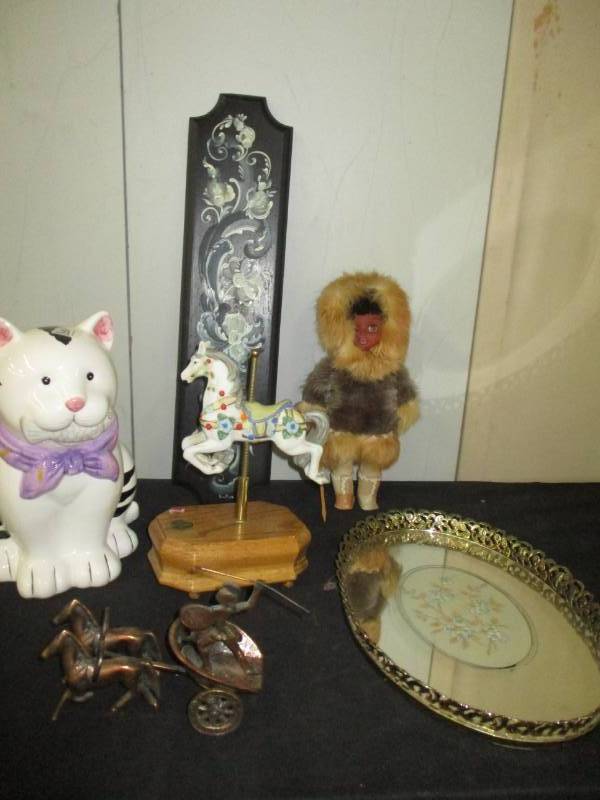 lot 317 image: Copper Horse and Cart, Cat Cookie Jar, Carosel, Eskimo, Candle Holder and Vanity Mirror