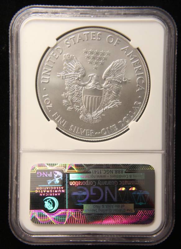 lot 51 image: 2015 AMERICAN SILVER EAGLE 1 TROY OZ. .999 FINE SILVER MS70 NGC FIRST DAY OF ISSUE