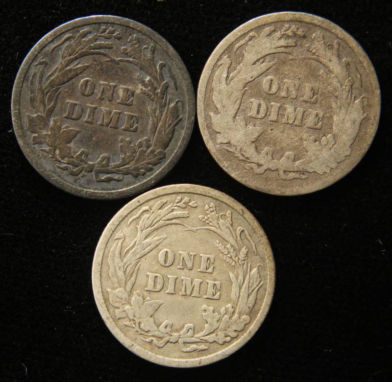 lot 52 image: GROUP OF 3 BARBER DIMES 1897 1898 1907