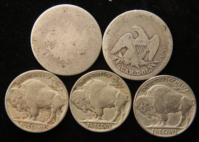 lot 64 image: GROUP OF 5 US COINS 1854 1856 SEATED QUARTERS 1923 1924 1927 BUFFALO NICKELS