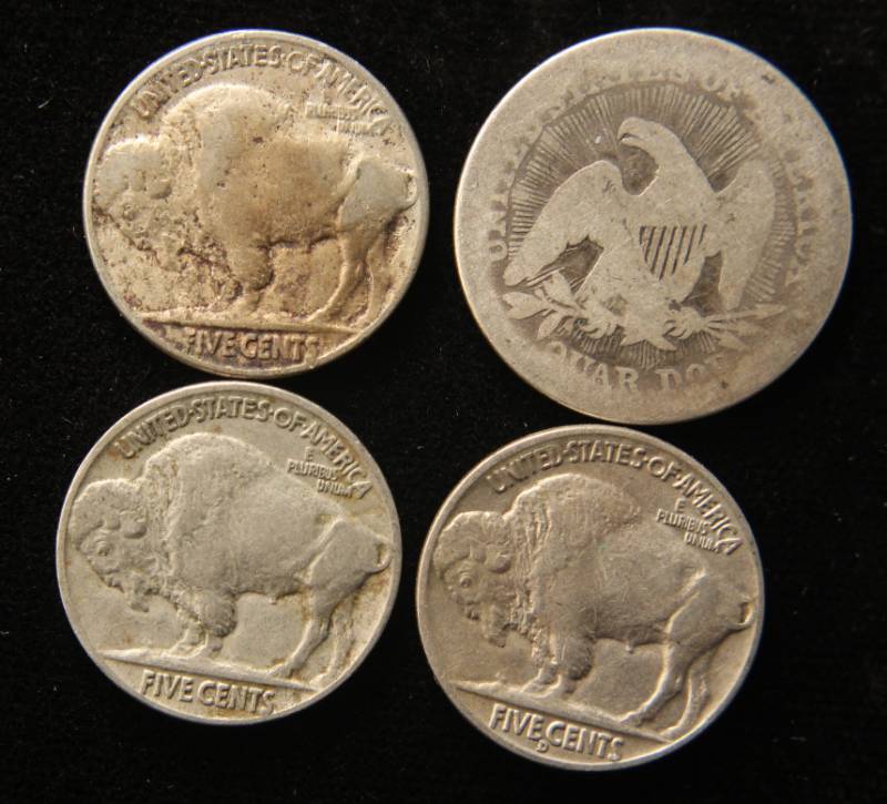 lot 77 image: GROUP OF 4 US COINS 1853 SEATED QUARTER 1923 1937 1938-D BUFFALO NICKELS