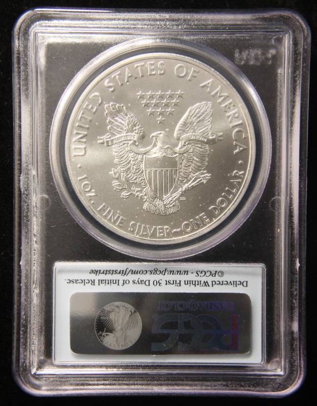lot 80 image: 2012 AMERICAN SILVER EAGLE 1 TROY OZ. .999 FINE SILVER MS70 PCGS FIRSTSTRIKE