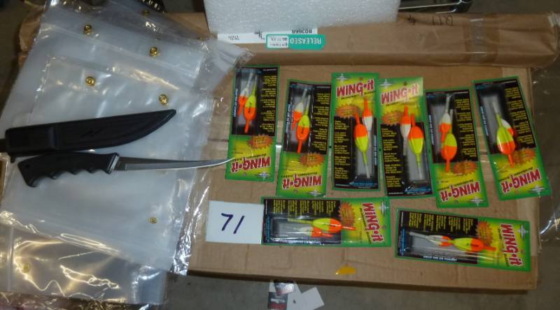 lot 71 image: Filet knife, 15 worm bags and 8 dou...