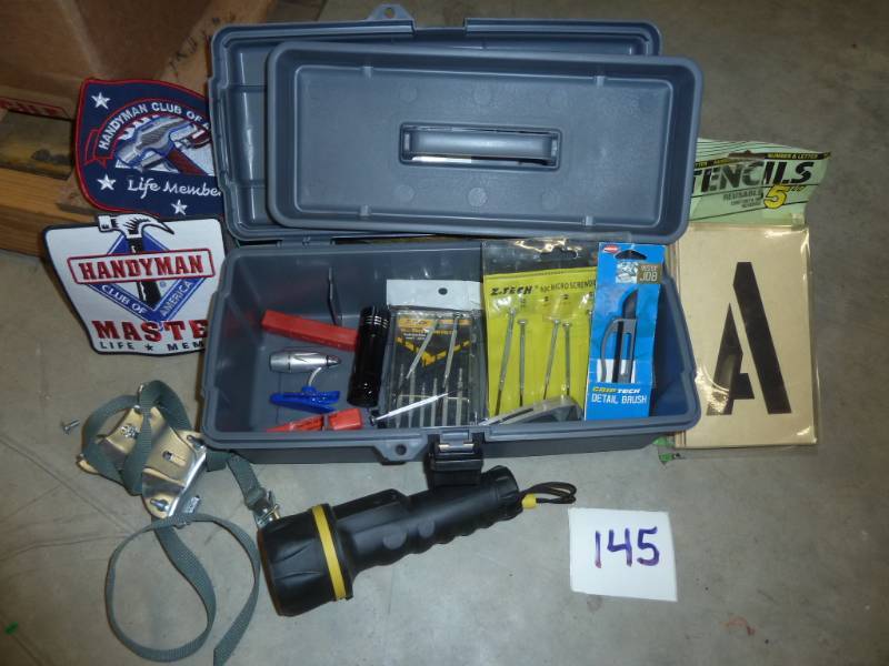 lot 145 image: new tool box with stencils, screwdr...