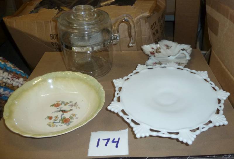 lot 174 image: vintage coffee brewer, cake plate, ...