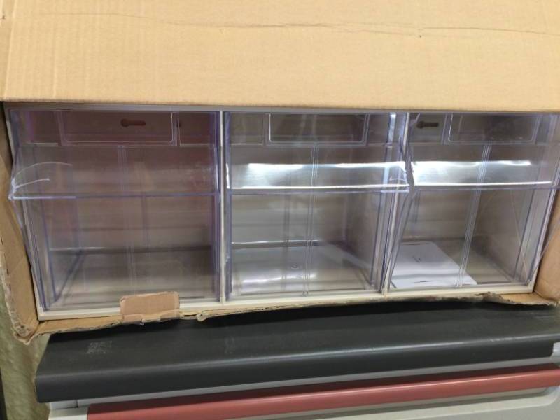 lot 8 image: 3-bin Tilt Out Acrylic Storage Supply Organizer - New In Box But Does Have Cracks