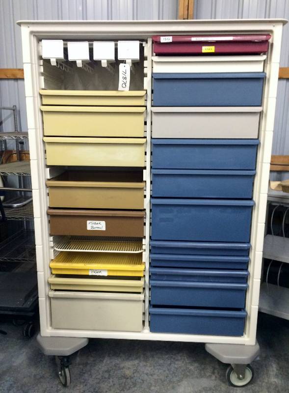 lot 42 image: Another BIG WOW&nbspHerman Miller Tall Double Sided 20 Drawer Medical Supply Mobile&nbspCart - Has Fabric Cover - All Washable Surfaces 47 x 19.5 x 73.5h&nbspDrawers Designed To Handle Extra Weight 