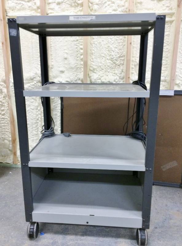 lot 45 image: Very Large Metal 4 Tier Media Utility Cart With Plugs Etc - Nice Condition