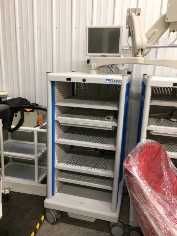 lot 58 image: Conmed Linvatec Mobile Video Endoscopy Surgical Multi-adjustible Shelves Cart Arms With Medxchange Monitor & Key - More Uses For This Than Just Medical