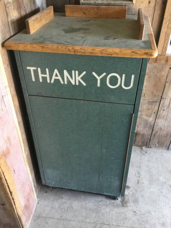 Wooden garbage container with Thank you Flap.