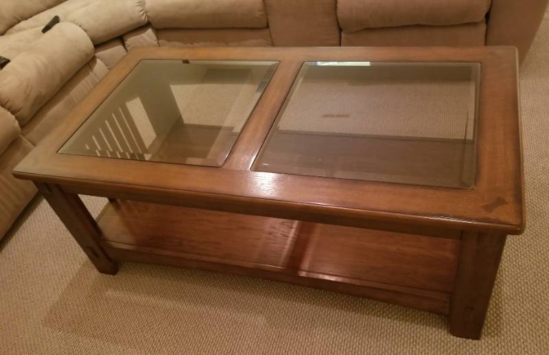 lot 2 image: Warm Wood Coffee Table with Two Glass Panes