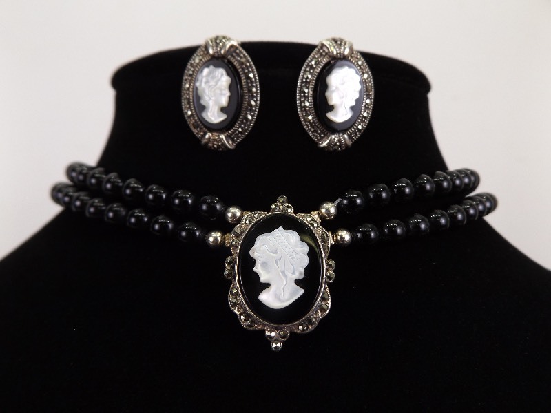 lot 10 image: .925 Sterling Silver Art Nouveau Carved Shell Cameo Necklace and Earring SET