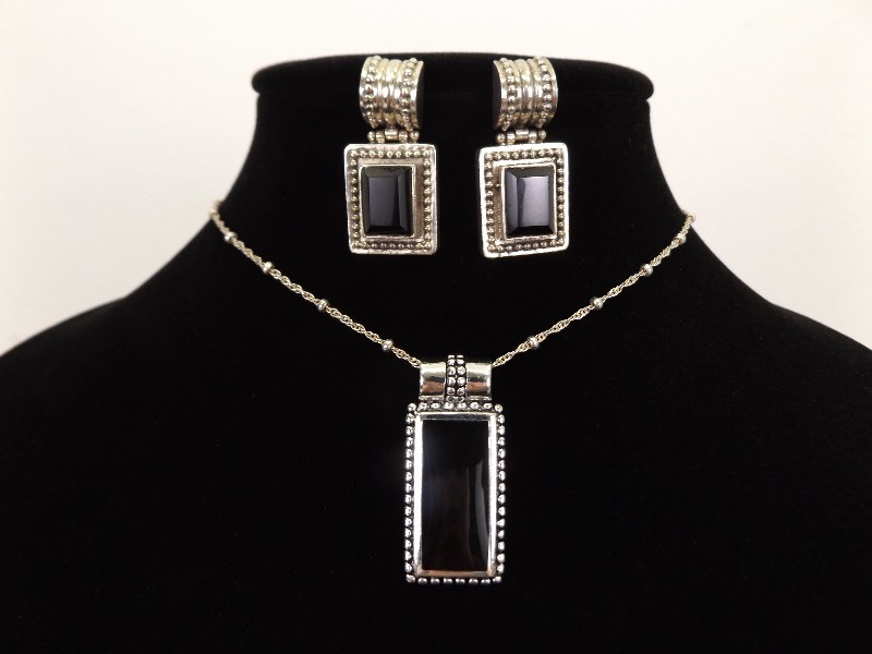 lot 11 image: .925 Sterling Silver Black Onyx Shield Pendant, Necklace and Earring SET
