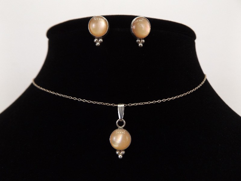 lot 15 image: .925 Sterling Silver Pearly Pendant, Necklace and Earring SET