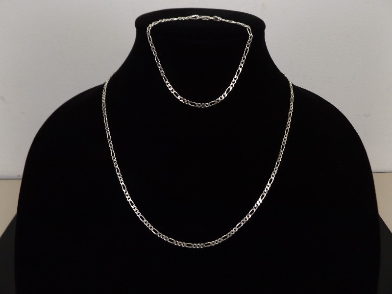 lot 23 image: .925 Sterling Silver Figaro Link Necklace and Bracelet SET